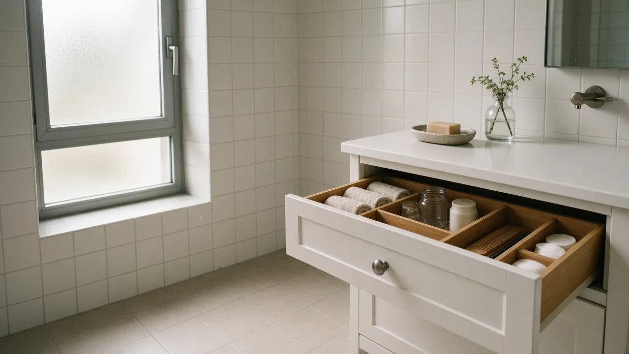 Small tiled bathroom with an open vanity drawer of bamboo organizers holding rolled washcloths, jars, a comb and cotton pads